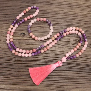 Set de collar y pulsera de 108 cuentas Mala con cuarzo rosa, amatista y borla de seda