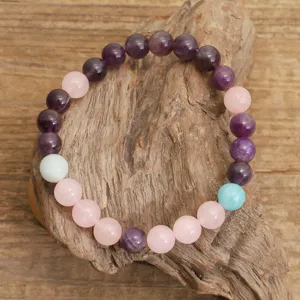 Bracciale yoga in pietre naturali ametista quarzo rosa e amazzonite con perline moda