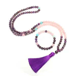 Set collana e bracciale con 108 grani mala in ametista e quarzo rosa con nappa viola