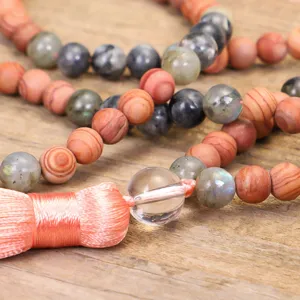 108 Mala Perlen Yoga Kette mit Labradorit Holzperlen und pfirsichfarbener Quaste