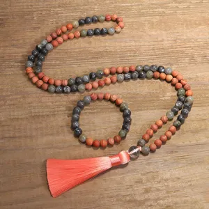 108 Perlen Labradorit Yoga Halskette und Armband Set mit Korallen Quaste
