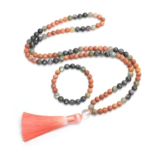 108 Labradorit und Holzperlen Mala Halskette mit Pfirsich Quaste und passendes Yoga Armband Set
