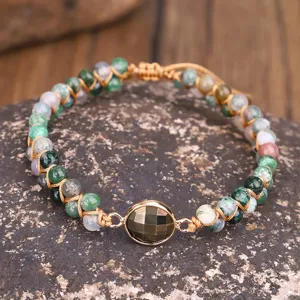 Handcrafted double-layer Indian agate beaded yoga bracelet with faceted pyrite center
