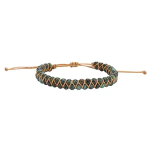 Detailed view of hand-woven African turquoise beaded bracelet with double-layer wrap