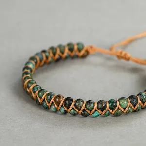 Detailed close-up of 4mm African turquoise beads hand-woven into a double-layer bracelet