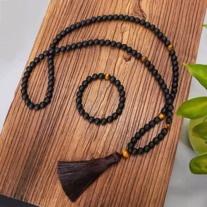Juego de Collar de Yoga de Piedra Natural con Cuentas Hechas a Mano Piedras Negras Mates Cuentas de Ojo de Tigre Collar con Colgante de Borla Larga Pulsera Joyería Para Hombres Mujeres