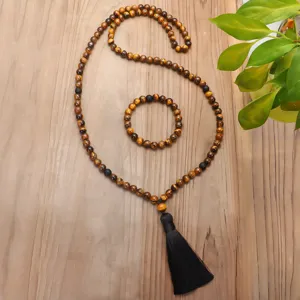 Collana fatta a mano con 108 perle occhio di tigre, nappa nera e bracciale abbinato