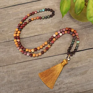 Natural Stone Mala Beads Necklace With Silk Tassel Bohemian Long Sweater Chain For Women Yoga Meditation Jewelry Gift
