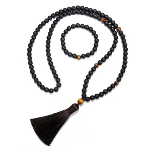 Conjunto hecho a mano de collar y pulsera de yoga con 108 cuentas, ojo de tigre y una borla