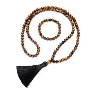 Set di collana e bracciale in 108 perline di occhio di tigre con nappa nera fatta a mano