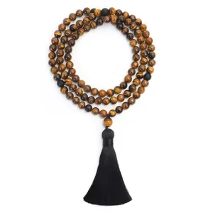 Collana bracciale mala con 108 perle di occhio di tigre e lunga nappa di seta per meditazione
