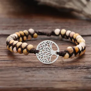 Handgefertigtes zweischichtiges Steinperlenarmband mit Lebensbaum-Anhänger aus Silber