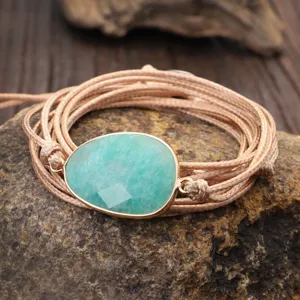 Boho Fatto a Mano Avvolgimento Multistrato Cordino Cerato Bracciale Pietra Irregolare Bordo Metallico Etnico Braccialetto Unisex