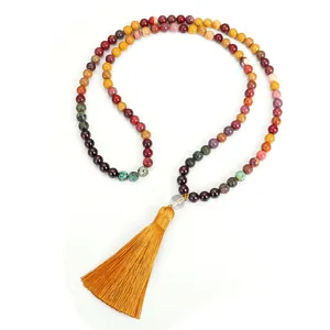 Handmade 108 Mala beads necklace with colorful stones and a long yellow tassel pendant