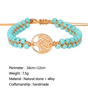 Handgemaakte geweven turquoise armband met levensboom en productspecificaties