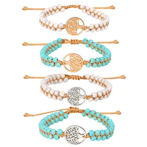 Handgemaakte Geweven Turquoise Kralen Armband Roestvrij Staal Levensboom Bedel Verstelbare Yoga Wikkelarmband Etnisch Boho Sieraden Cadeau
