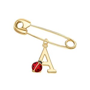 Detailed view of gold S925 silver ladybug letter A brooch for creative styling