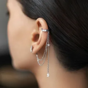 Close-up view of a 925 sterling silver star tassel ear cuff with sparkling zircon on the ear