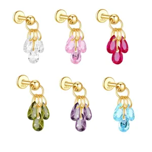 Boucles d'Oreilles Clous Grappe de Raisin en Argent Sterling 925 Élégant Strass Goutte d'Eau Piercing Dos Plat pour Femmes
