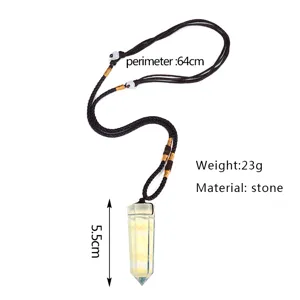 Yellow hexagonal crystal pendant necklace with size details shown in macro detail view