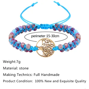 Bracciale in pietra intrecciata blu fatto a mano con ciondolo albero della vita e perimetro