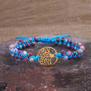 Bracciale Avvolgente a Doppio Strato in Pietra Imperiale Intrecciato a Mano Ciondolo Yoga Albero della Vita in Acciaio Inossidabile Regolabile Regalo Donna