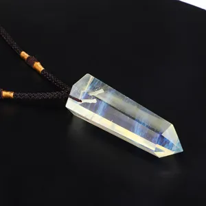 Detailed macro view of a hexagonal yellow citrine crystal pendant with woven necklace cord.