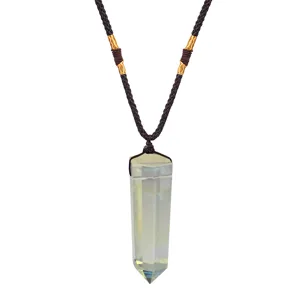 Natural Gemstone Hexagonal Prism Pendant Necklace Hand Braided Rope Quartz Obsidian Lapis Lazuli Crystal Point Sweaters Chain Jewelry For Men Women