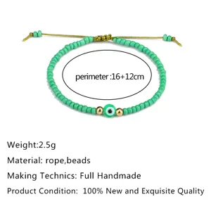 Handgefertigtes gewebtes Evil Eye Armband mit grünen Perlen und verstellbarem Seil