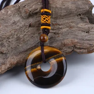 Vintage Chinesischer Stil Naturstein Ping An Kou Anhänger Halskette Handgemachte Geflochtene Seilkette Amethyst Tigerauge Kristall Donut Choker Schmuck Unisex