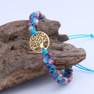 Bracciale in pietra di diaspro imperiale intrecciato a mano con ciondolo albero della vita