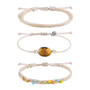 3er-Set böhmische gewebte Wachskordel-Armbänder mit Bernsteinkristall und Perlen