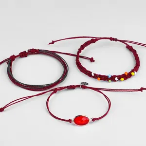 Bohemian geflochtenes Wachskordel-Armband-Set mit bunten Perlen und rotem Kristall