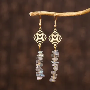 Vue détaillée de boucles d'oreilles yoga faites main avec labradorite et pendentif chakra doré