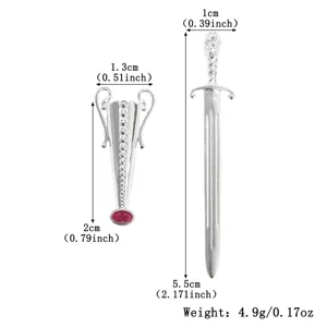 Detailed measurements of S925 sterling silver sword and vase brooch with red gem