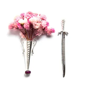 Vintage S925 Sterling Silver Vase Sword Brooch Set For Men Women Romantic Flower Insertable Pin With Red Gemstone Retro Jewelry