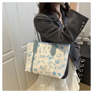 Grande borsa tote da donna, elegante borsa a tracolla con stampa graffiti, borsa casual.