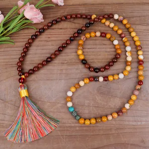 Collier Mala en Pierre Naturelle Fait Main Avec Gland Multicolore Style Ethnique Bohème Colliers de Perles de Méditation Yoga Bijoux Femme
