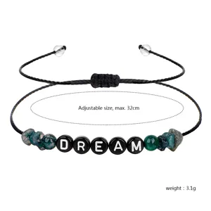 Verstelbare armband van wasdraad met DREAM-letters en groene natuurlijke mosagaat