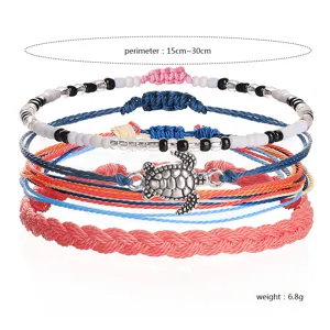 Detailed view of bohemian wax cord bracelet set with size and weight annotations
