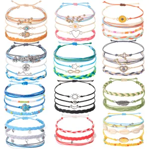 Handgefertigt Gewebt Kordel Armband Set Boho Strass Legierung Charm Perlen Verstellbar Stapelbar Armband Für Damen Urlaub Schmuck