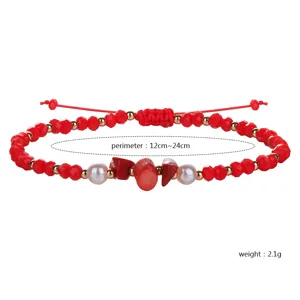 Pulsera tejida a mano con cristales rojos y perlas, perímetro de 12-24 cm y peso