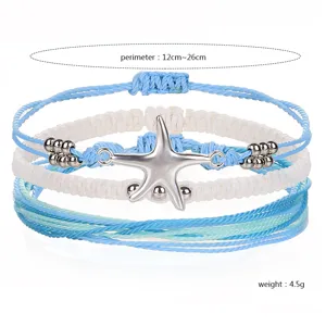 Close-up detail of Bohemian starfish wax cord bracelet set with adjustable perimeter