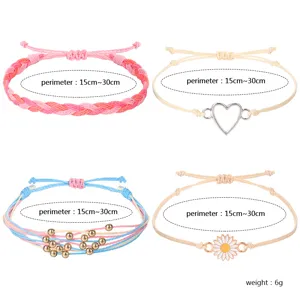Handgefertigtes gewebtes Wachsfaden-Armbandset mit Herz- und Gänseblümchen-Anhängern, 15-30cm