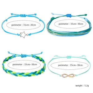 Set mit 4 blau-grünen handgewebten Wachsfaden-Armbändern mit verstellbarem Umfang Design