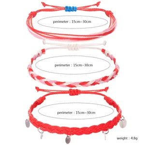 Verstellbares handgewebtes Wachsdraht-Armbandset in Rot und Rosa mit Anhängern