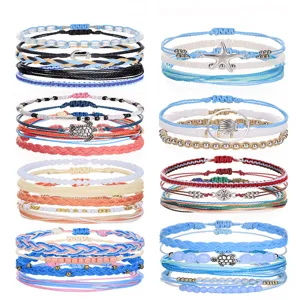 Bohemian Wax Cord Woven Bracelet Set Mixed Materials Geometric Turtle Starfish Anchor Compass Pendant Crystal Beads Hand Jewelry For Women Vacation