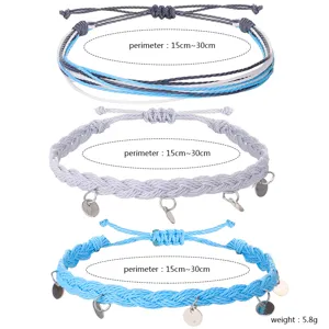 Verstellbares handgewebtes Wachsdraht-Armbandset mit Anhängern, Umfang 15-30 cm.