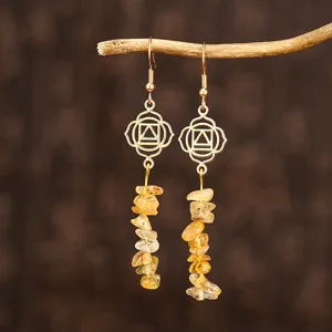 Boucles d'oreilles Pendantes en Gravier de Cristal Naturel Faites à la Main pour Femmes Bijoux Longs Chakra Géométriques en Alliage d'Or Bohème