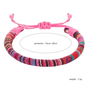 Detailed view of hand-woven ethnic cotton bracelet with adjustable perimeter